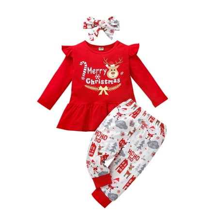 

Gyratedream Baby Girls Infant Merry Christmas Toddler Kids Ruffle Tunic Tops Pant Headband 3Pcs Outfits Clothes