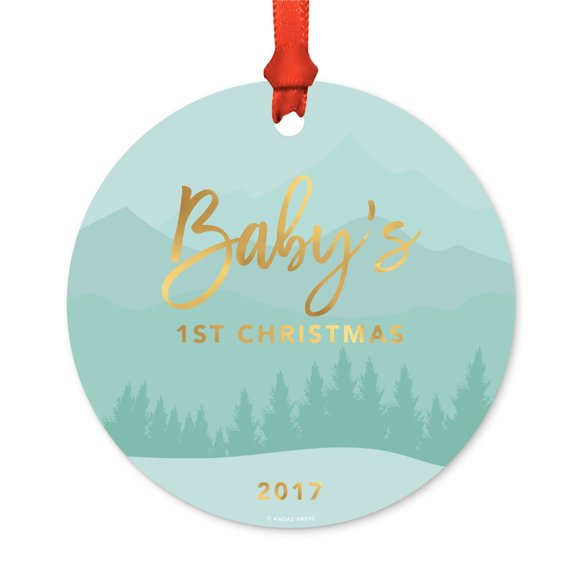 Metal Christmas Ornament, Baby's 1st Christmas 2017, Winter Wonderland Forest, Includes Ribbon and Gift Bag