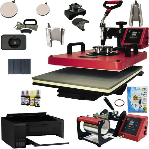 Combo 10 En 1 EV Technologies plancha sublimacion color roja con impresora y 150 articulos