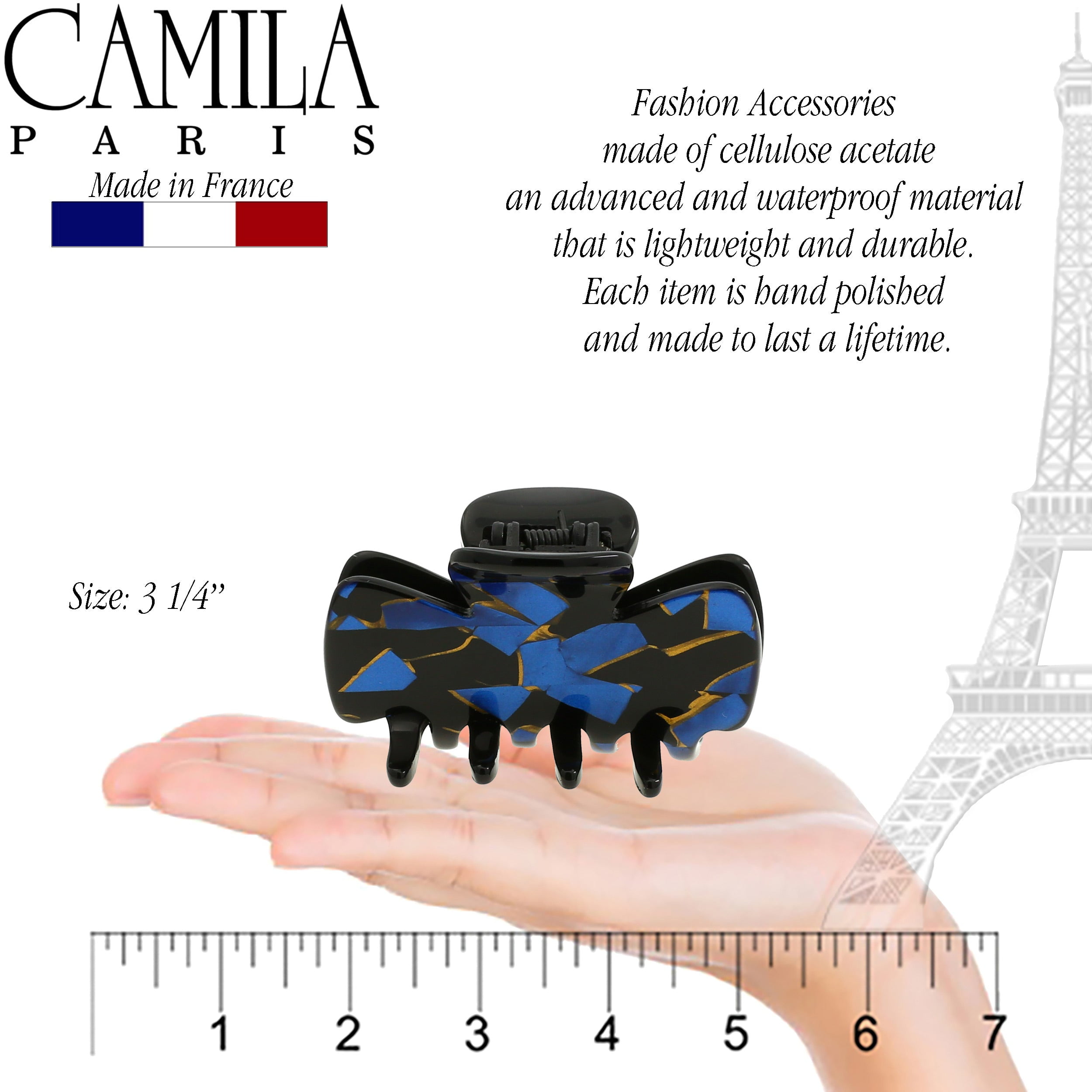 Camila Paris CP3008 French Hair Clip for Women, Small Handmade, Black and Gold, Girls Hair Claw Clips Jaw Fashion Durable Styling Hair Accessories for Women, Strong Hold No Slip Grip, Made in France
