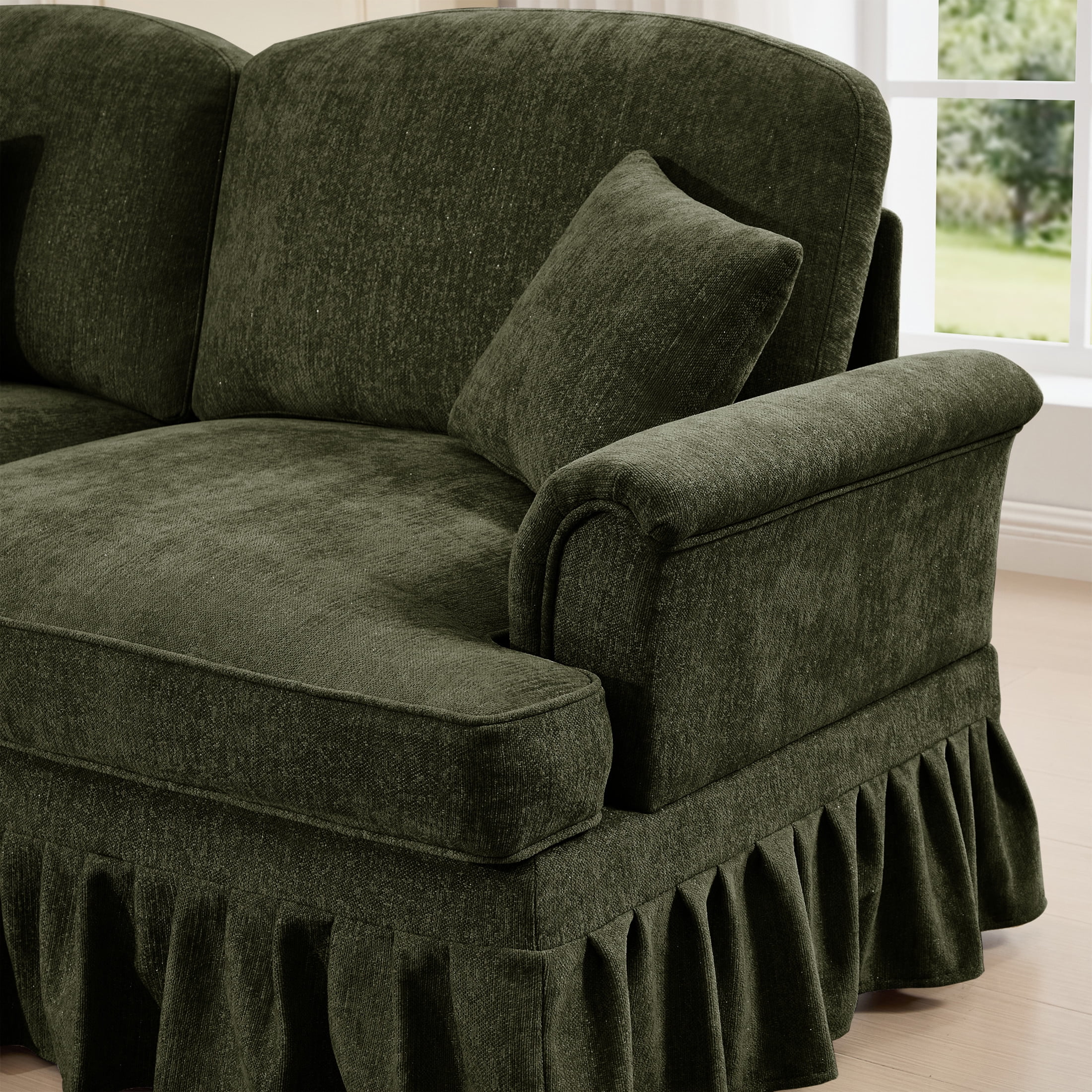 Noble House L-Shaped 2-Seater Sofa with Flared Arms, Removable Pleated Skirt, Spindle Legs, Chenille, Movable Ottoman, Green
