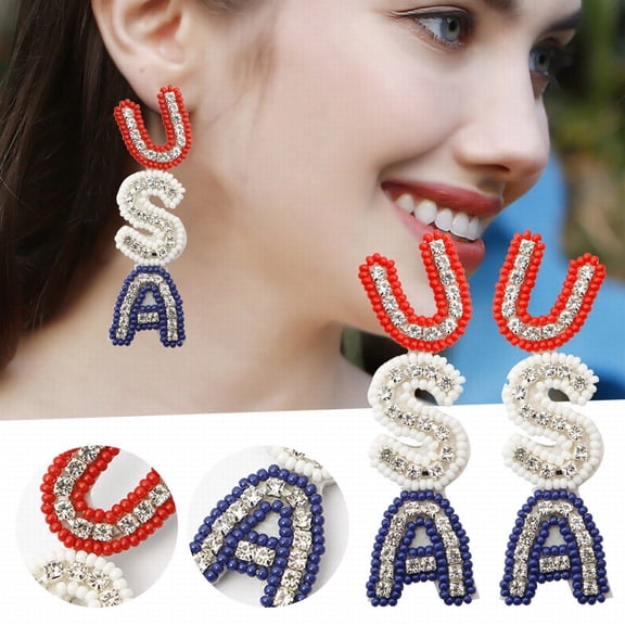 QIQUWOHUL American Flag Earrings 4th Of July Earrings For Women Beaded Heart Star Flag Dangle Drop Earrings Handmade Independence Day Patriotic Earrings Holiday