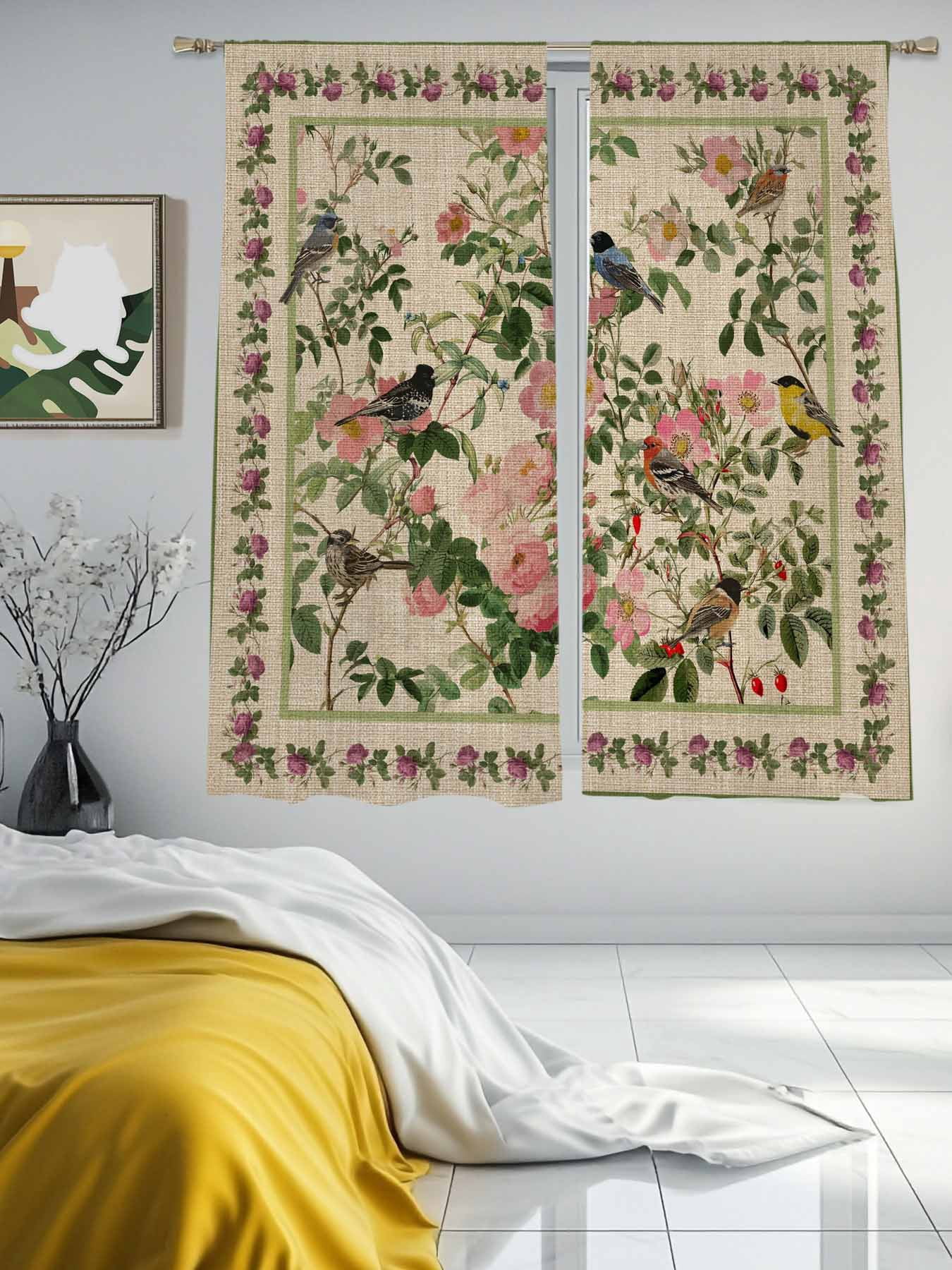 Spring Sheer Curtains 2 Panels Set Oriental Traditional Ethnic Floral Birds Retro Linen Sheer Window Curtains Light Filtering Rod Pocket Voile Drapes for Bedroom Living Room 52"X72"