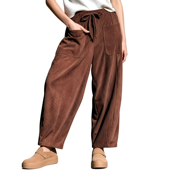 TOMVIGX Barrel Pants Women Wide Leg Corduroy Travel Flowy Pants Drawstring Loose Cropped Casual Trousers with Pockets Brown L