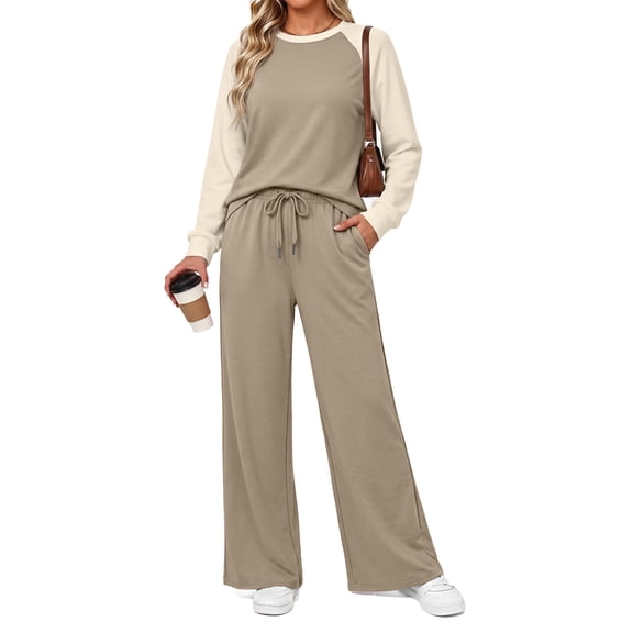 MOSHU Two Piece Sets for Women Casual Fall Travel Vacation Outfits Color Block Long Sleeve Tops and Drawstring Wide Leg Pants with Pokets Lounge Sets