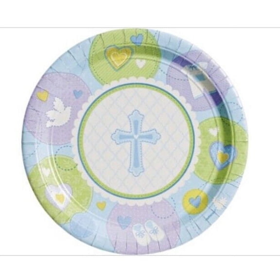 Amscan Sweet Christening Blue Round Luncheon Plates, 8 Ct. | Party Tableware