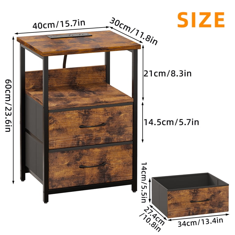 Tomnk Set of 2 Nightstands with Charging Station, Rustic Brown photo 5