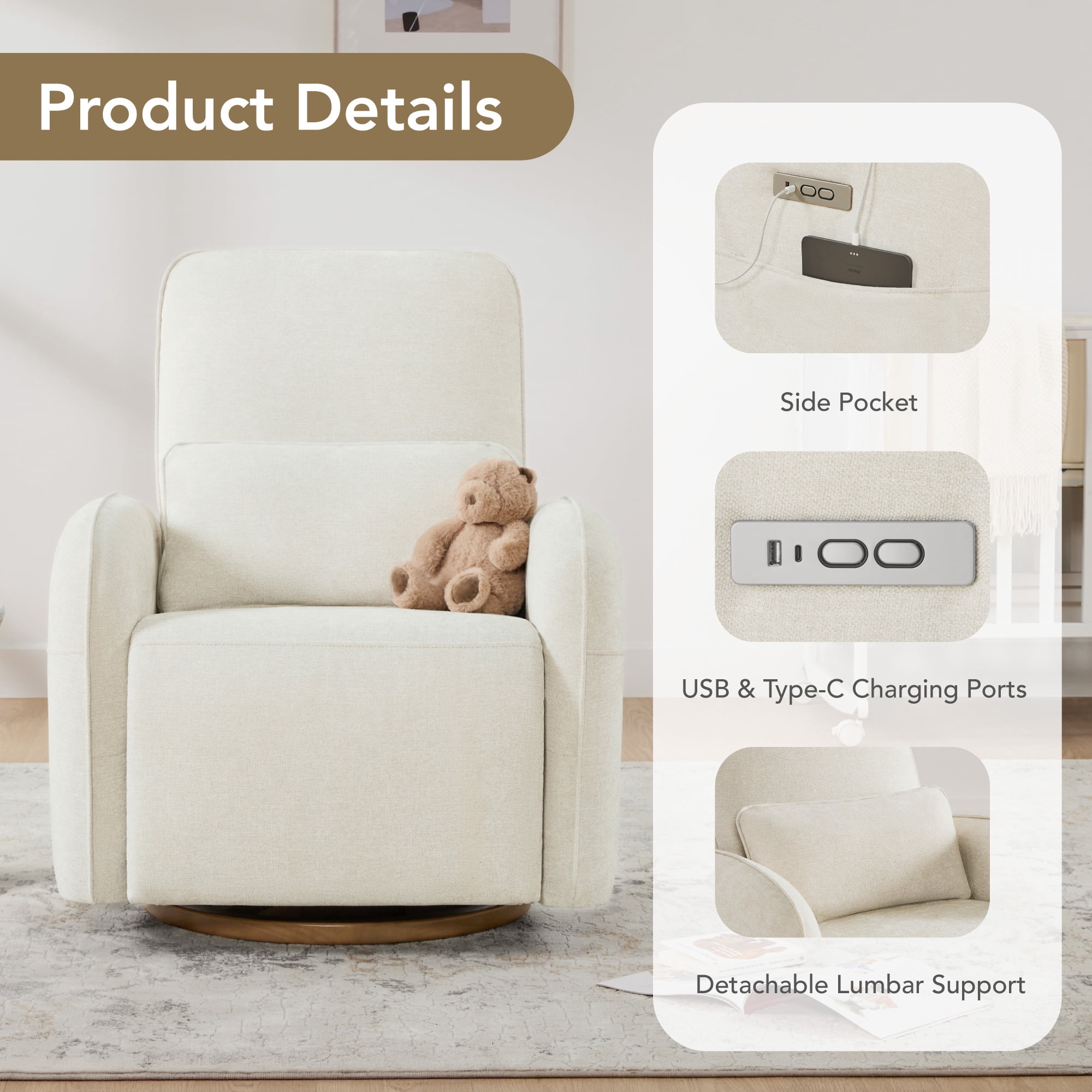 Spruce & Spring Power Swivel Nursery Glider with Lumbar Pillow and Charging Port for Living Room, Linen
