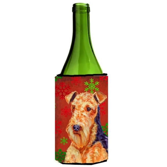 Airedale Red And Green Snowflakes Holiday Christmas Wine bottle sleeve Hugger