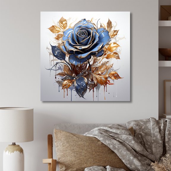 Designart "Gold and Blue Rose in Glass IV" Floral Wall Art - Traditional Blue Rose Living Room Canvas Art