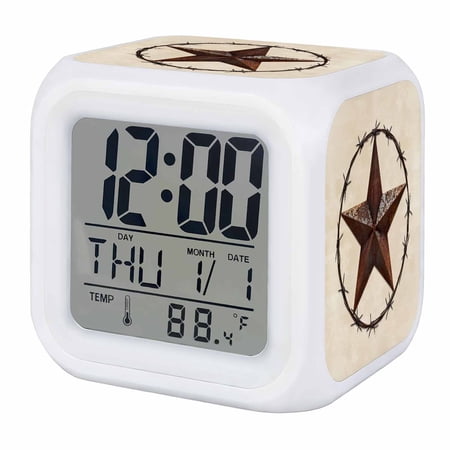 Texas Star Farmhouse Digital Alarm Clock for Bedrooms, Smart LED Alarm Clock with 7 Color Changing Night Light, Western Country Stars Retro Silent Wake Up Clocks for Sleep Study Cooking 3.2x3.2