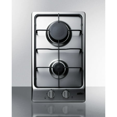 2-burner gas cooktop with sealed burners  stainless steel surface  and cast iron grates