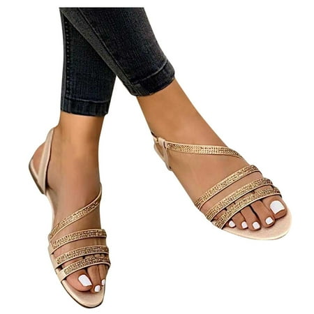 

Summer Womens Rhinestones Open Toe Casual Shoes Flats Comfortable Roman Sandals