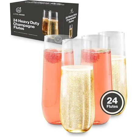 

Set of 24 Stemless Champagne Flutes - Clear Plastic 9 oz Glasses for Weddings