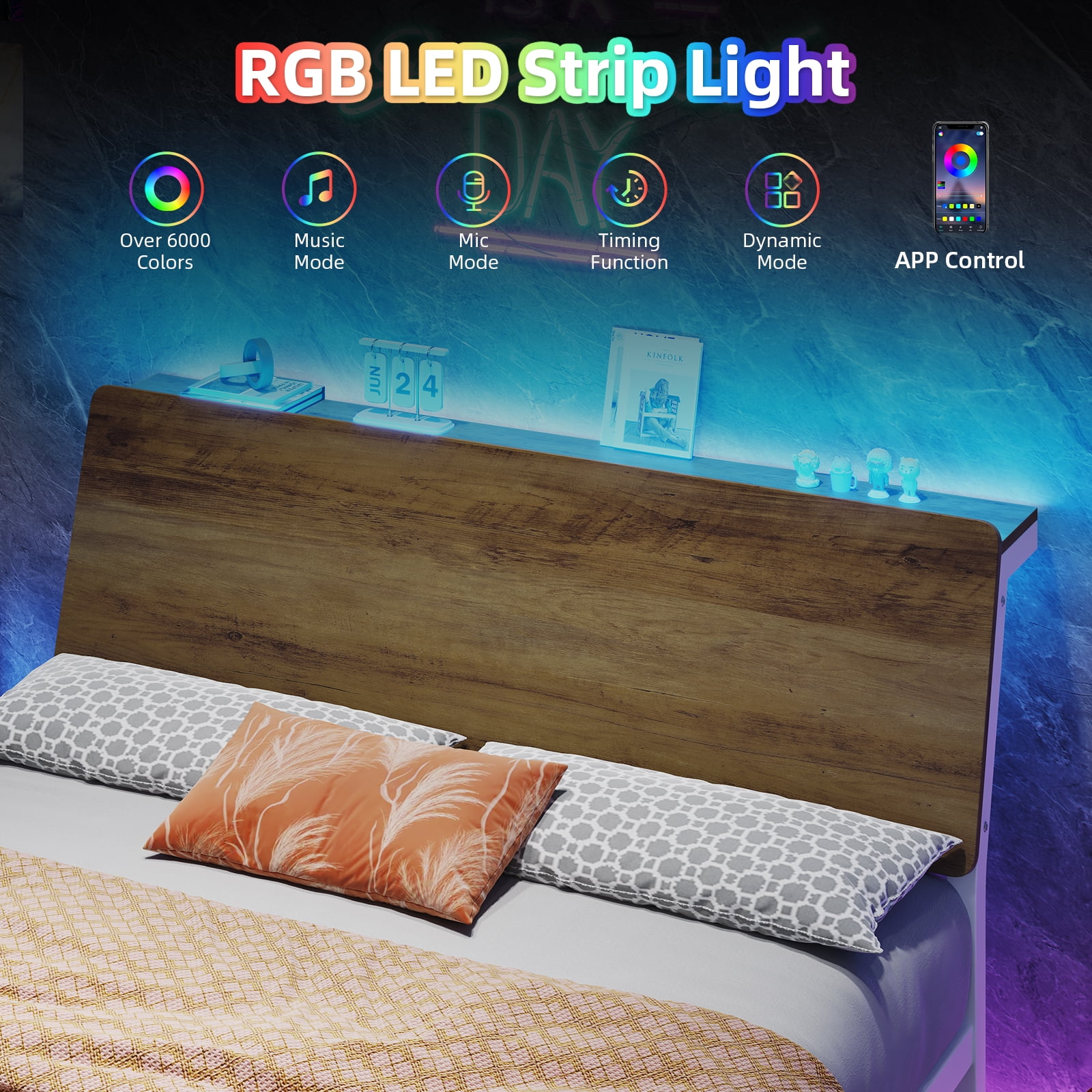 4 EVER WINNER Queen Bed Frame with Storage Headboard and LED Light, Metal Platform Bed Frame with Wooden Headboard, No Box Spring, Brown and White