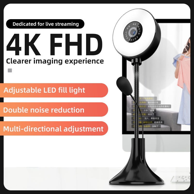 4K Webcam with LED Fill Light, HD Live Web Camera for Video Chat Conference Online Learning