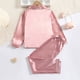 thumbnail image 4 of Pijamas para niños pequeños, talla 10-11 años, de satén de seda, con botones, suaves, cómodos, de manga larga, con cuello vuelto, color rosa liso, para dormir, blusas y pantalones., 4 of 7