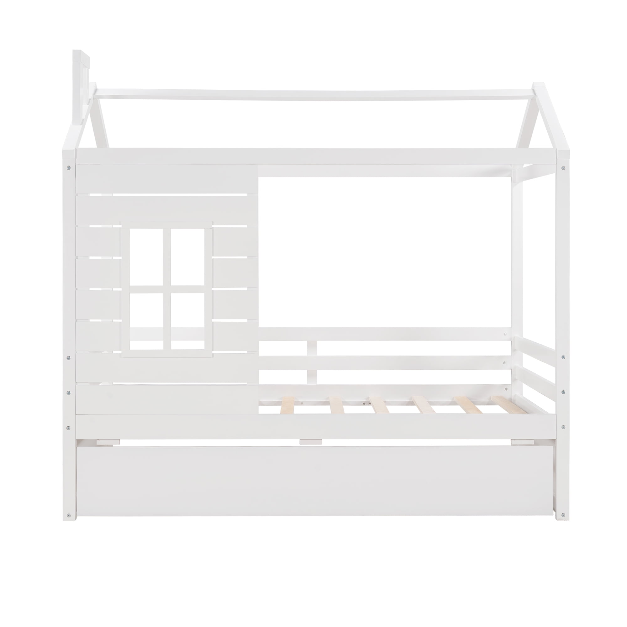 Harper & Bright Designs Twin House Bed with Trundle and Tent, House Twin Bed Frame with Roof and Windows, White