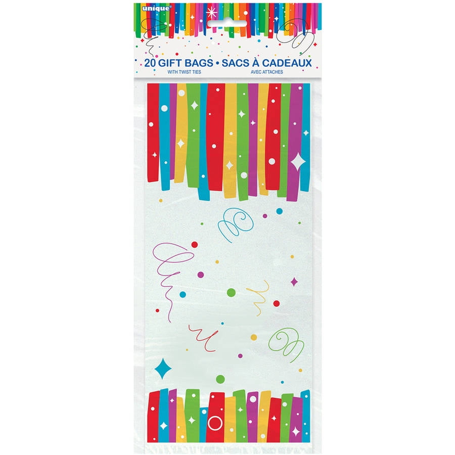 Unique Industries Assorted Colors Striped Birthday Party Bags, 20 Count