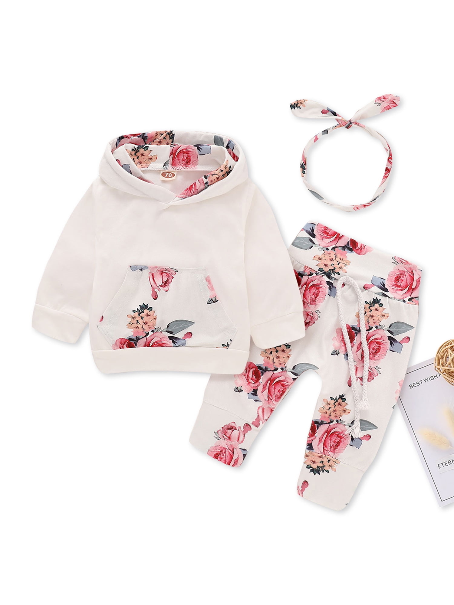 Newborn Baby Girls Long Sleeve Floral Hoodie Sweatshirt Tops with Pant Headband Clothes Set Outfits