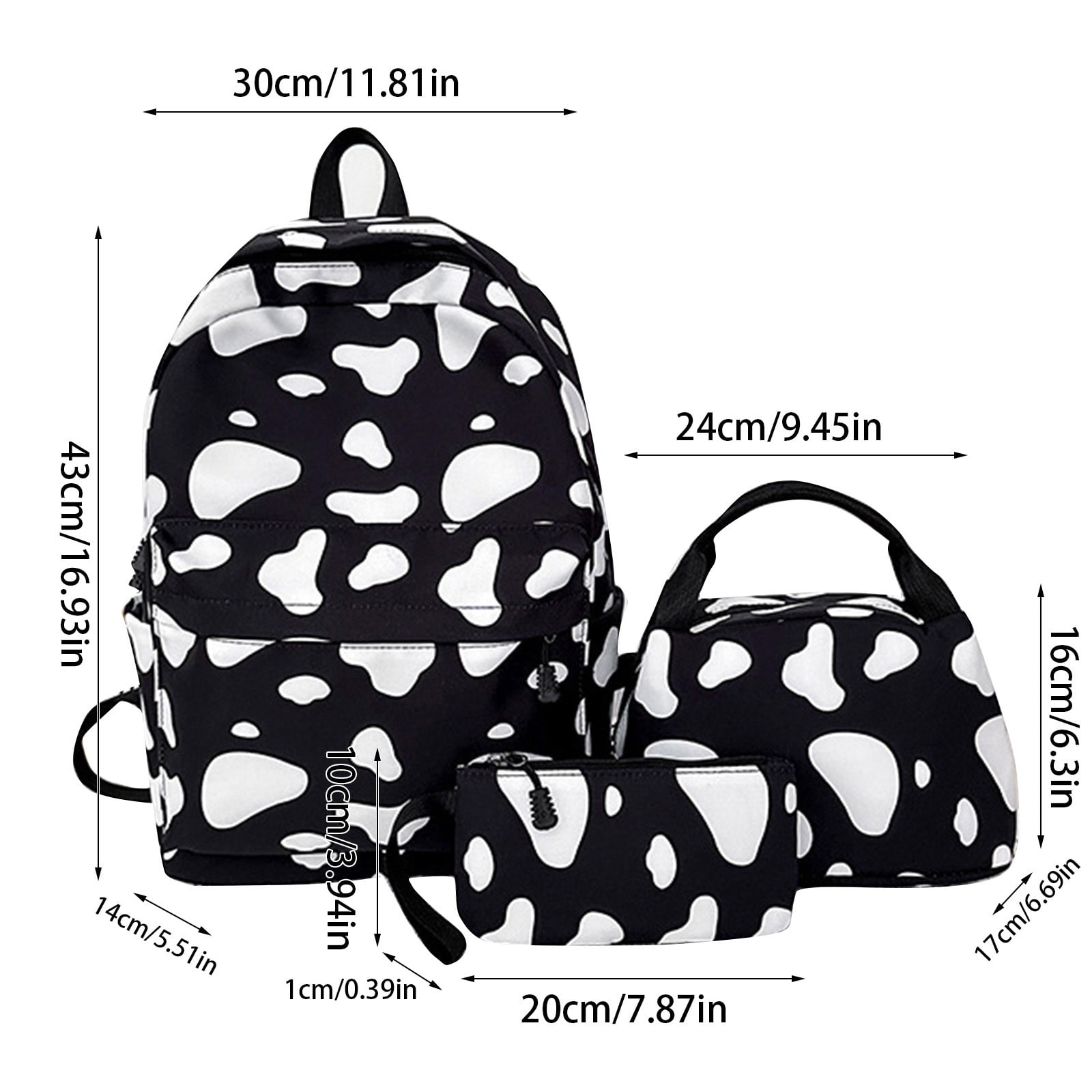 Cow Print Backpack Set 3PCS Casual Travel Daypack with Lunch Bag & Pouch Lightweight Multi-Pocket School-Style Backpack