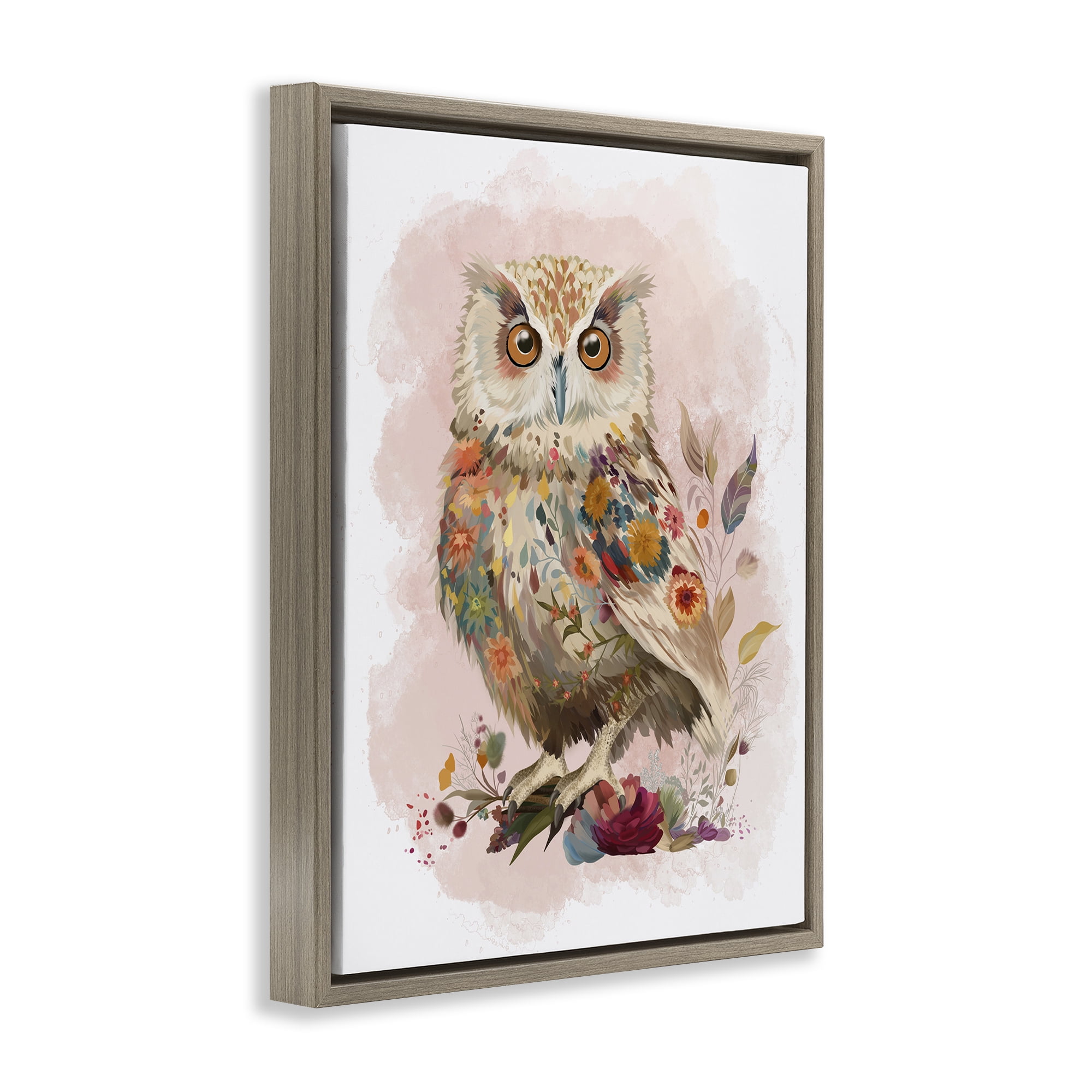 Stupell Industries Owl & Wild Blooms Animals & Insects Painting Brown Floater Framed Canvas Art Print Wall Art, 17 x 21