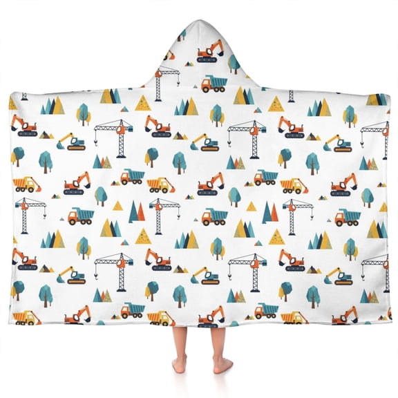 Cartoon Construction Vehicles Mountains Hooded Bath Towel,50"x30" for Ages 3 To 12 Kids, Quick Dry Lightweight Soft Microfiber Hood Beach Towel Cover Up for Kids
