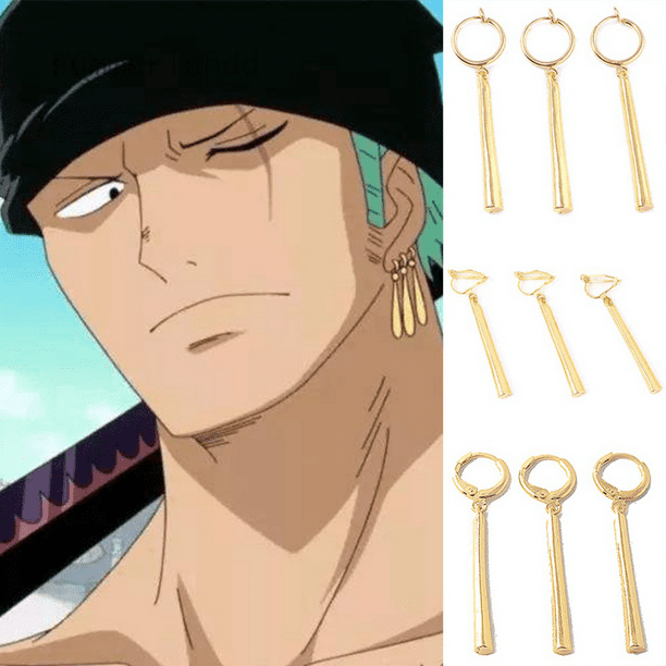 Pack De 3 Pendientes Clip De One Piece – Zoro – Dorados – Para Cosplay Y Uso Diario