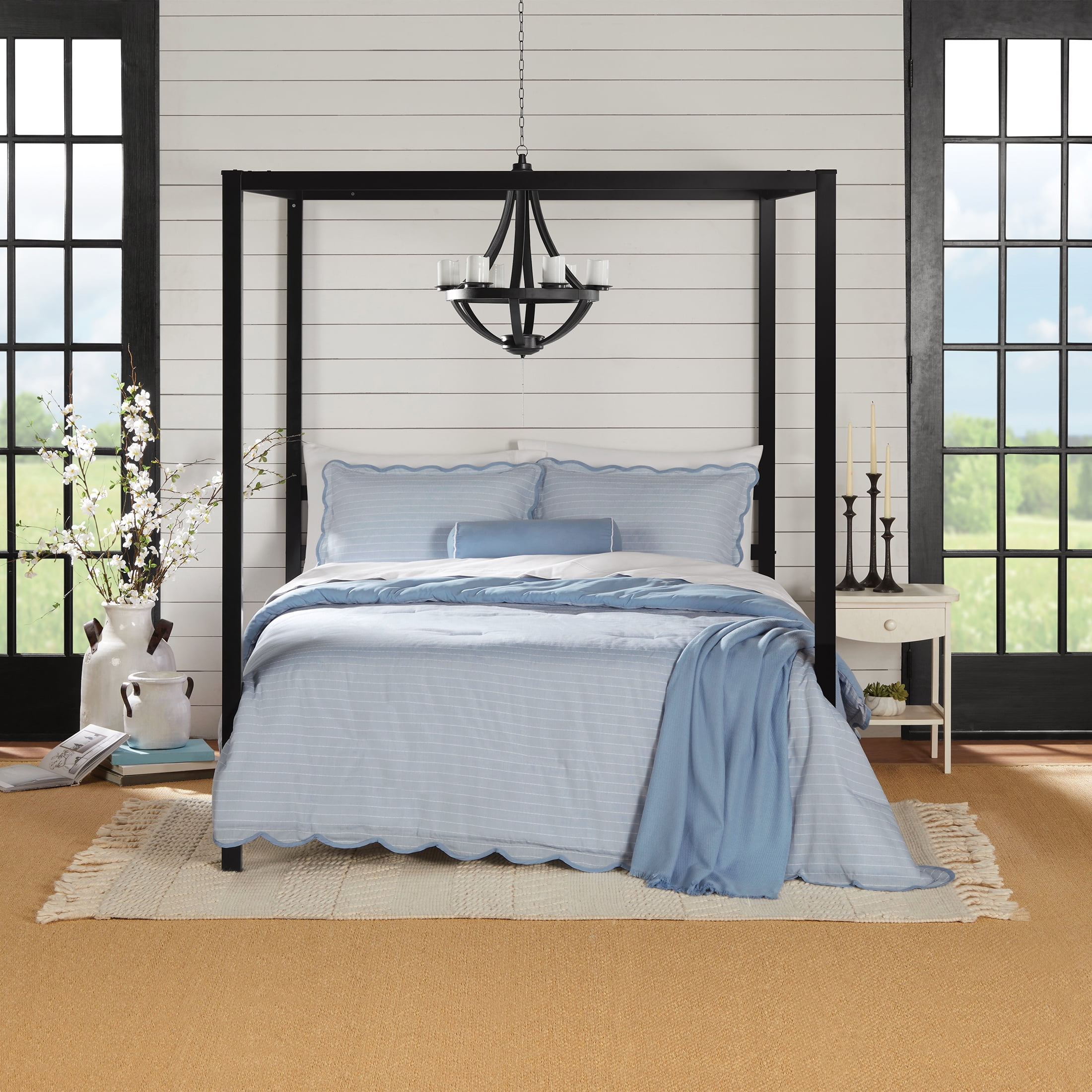 Mainstays King Comforter Set, All-Season, 5-Piece, Blue Pick Stitch Scallop
