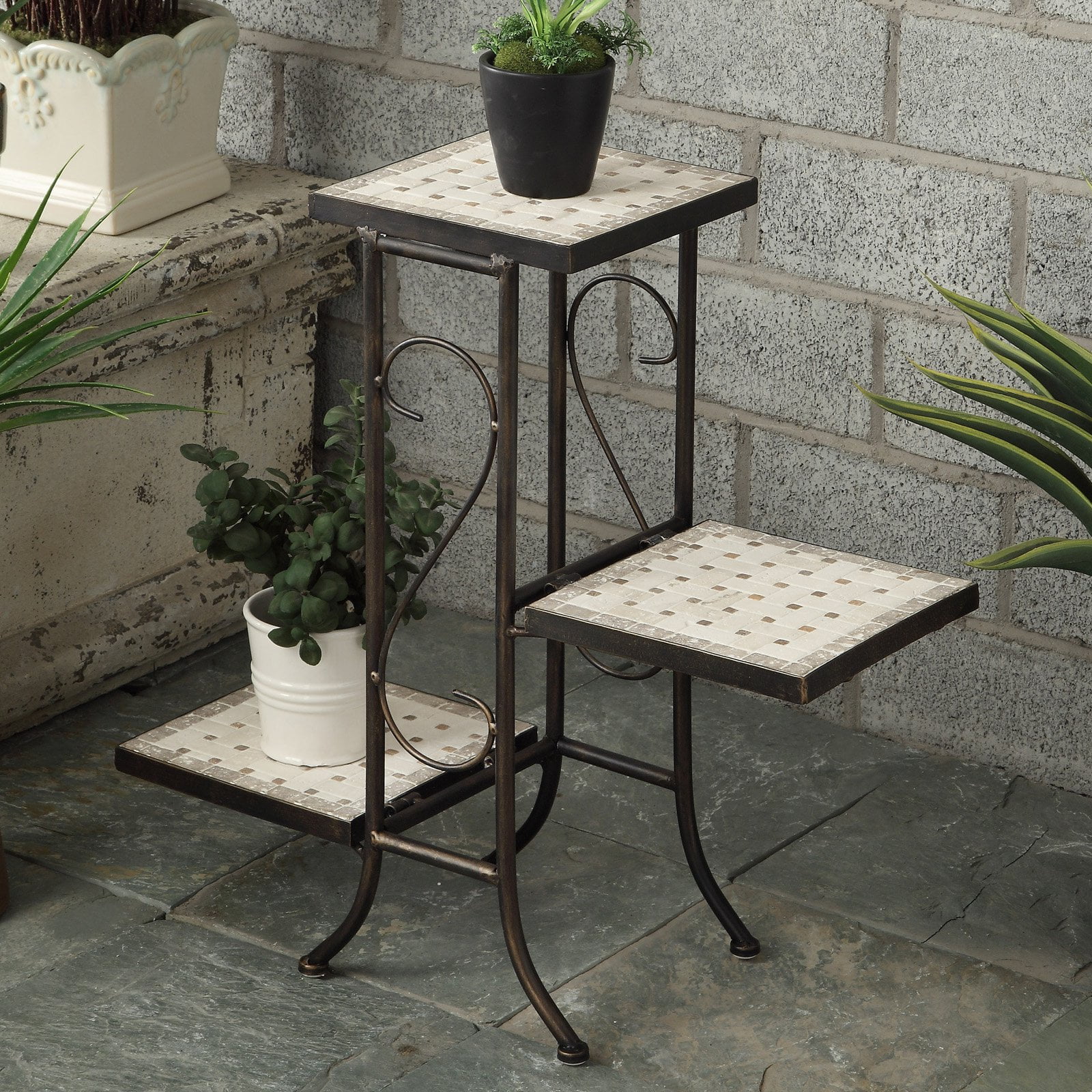 4D Concepts 3 Tier Plant Stand with Travertine Top by 4D Concepts