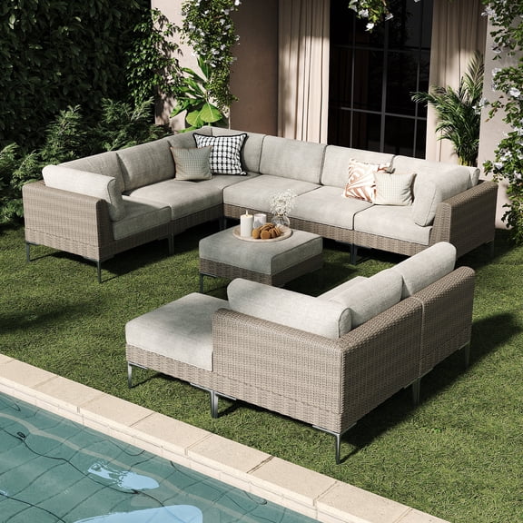 LayinSun 10-Piece Wicker Rattan Patio Furniture Set, Deep Seating Outdoor Modular Sectional Sofa Conversation Set with Thick Cushions for Lawn, Garden