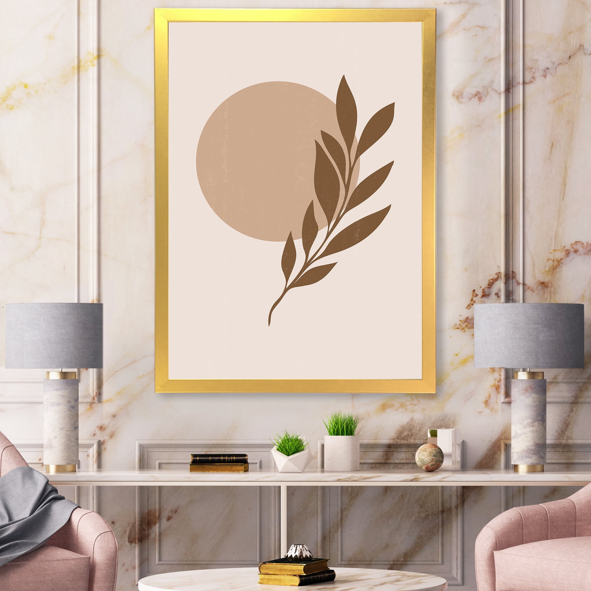 Designart 'Abstract Terracotta Moon and Sun With Tropical Leaf' Modern Framed Art Print