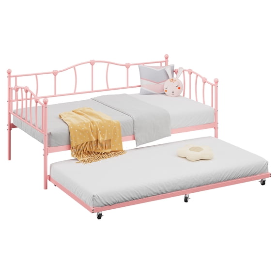 Twin Size Metal Daybed Frame with Trundle – Heart Design Noise-Free Platform Sofa Bed, Heavy Duty Steel Slats – Space-Saving for Bedroom Living Room