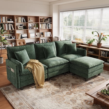 LINSY HOME Modular Sofa, 3 Seater with Ottoman for Living Room Sofa, Sectional Sofa Couch for Big House, Green