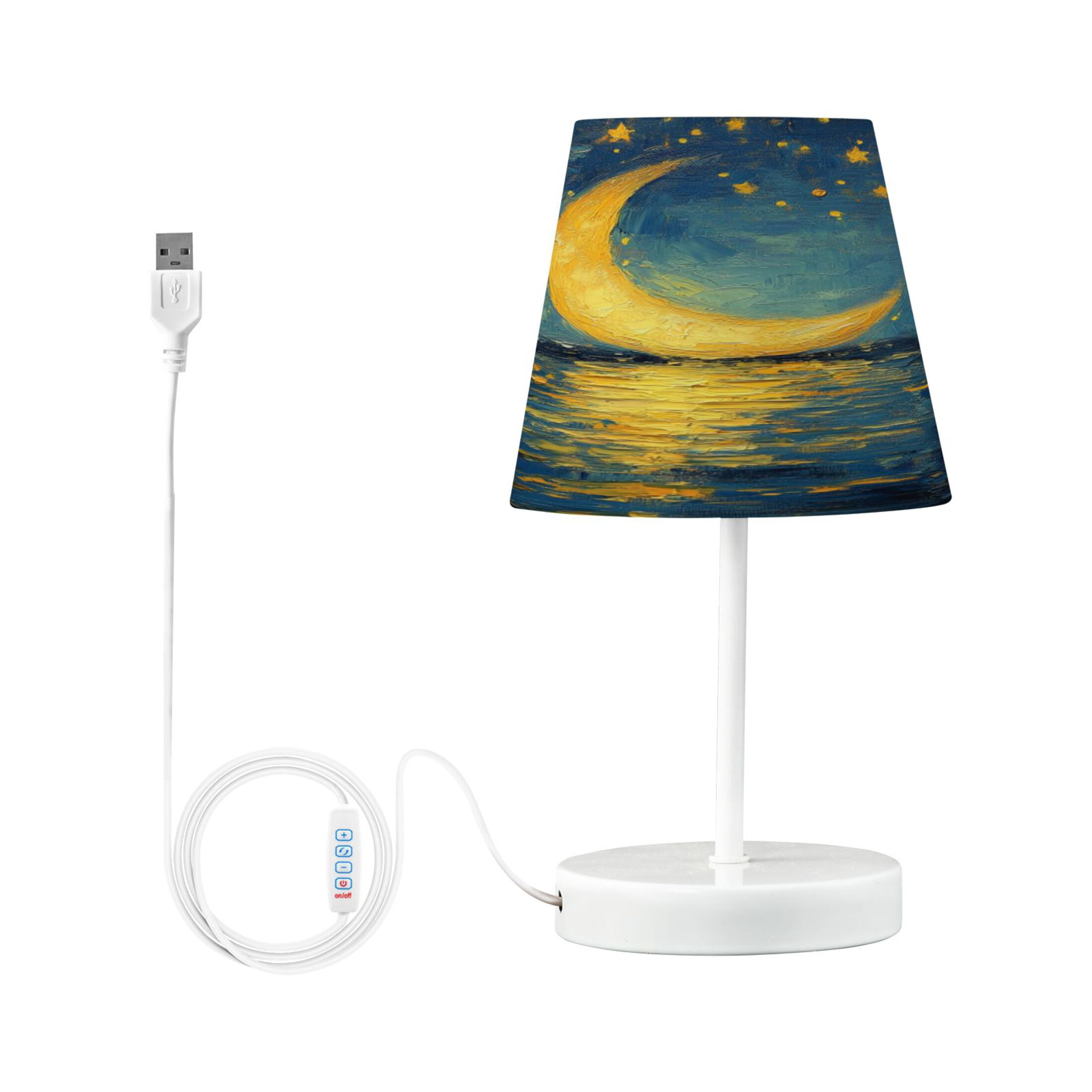 WOBOGO Moon Stars Oil Painting Pattern Table Lamps Bedroom 3-Speed Dimmable Farm Style with Fabric Shade for Reading and Home Office