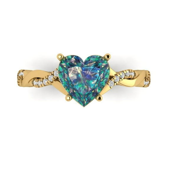 2.1ct Heart Cut Blue Moissanite 14k Yellow Gold Engraving Statement Bridal Wedding Designer Ring Size 7.5