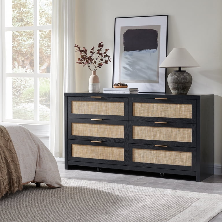 SICOTAS 56.85" 6 Drawer Dresser,Rattan Dresser with Storage,Boho Dressers &  Chests of Drawers Wooden Tall Dresser for Bedroom