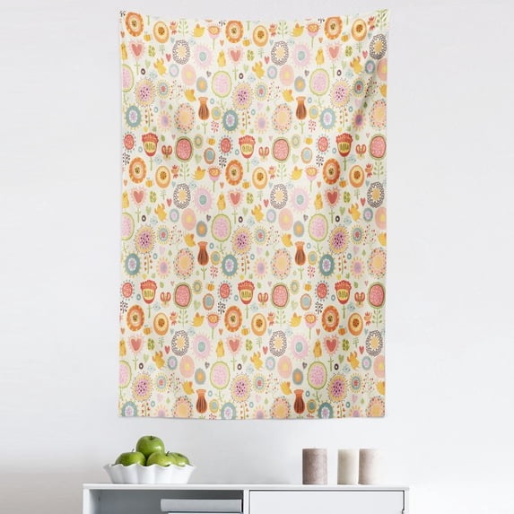 Retro Tapestry, Retro Ornate Flowers in Drawing Style Little Hearts Singing Birds Garden, Fabric Wall Hanging Decor for Bedroom Living Room Dorm, 5 Sizes, Multicolor, by Ambesonne
