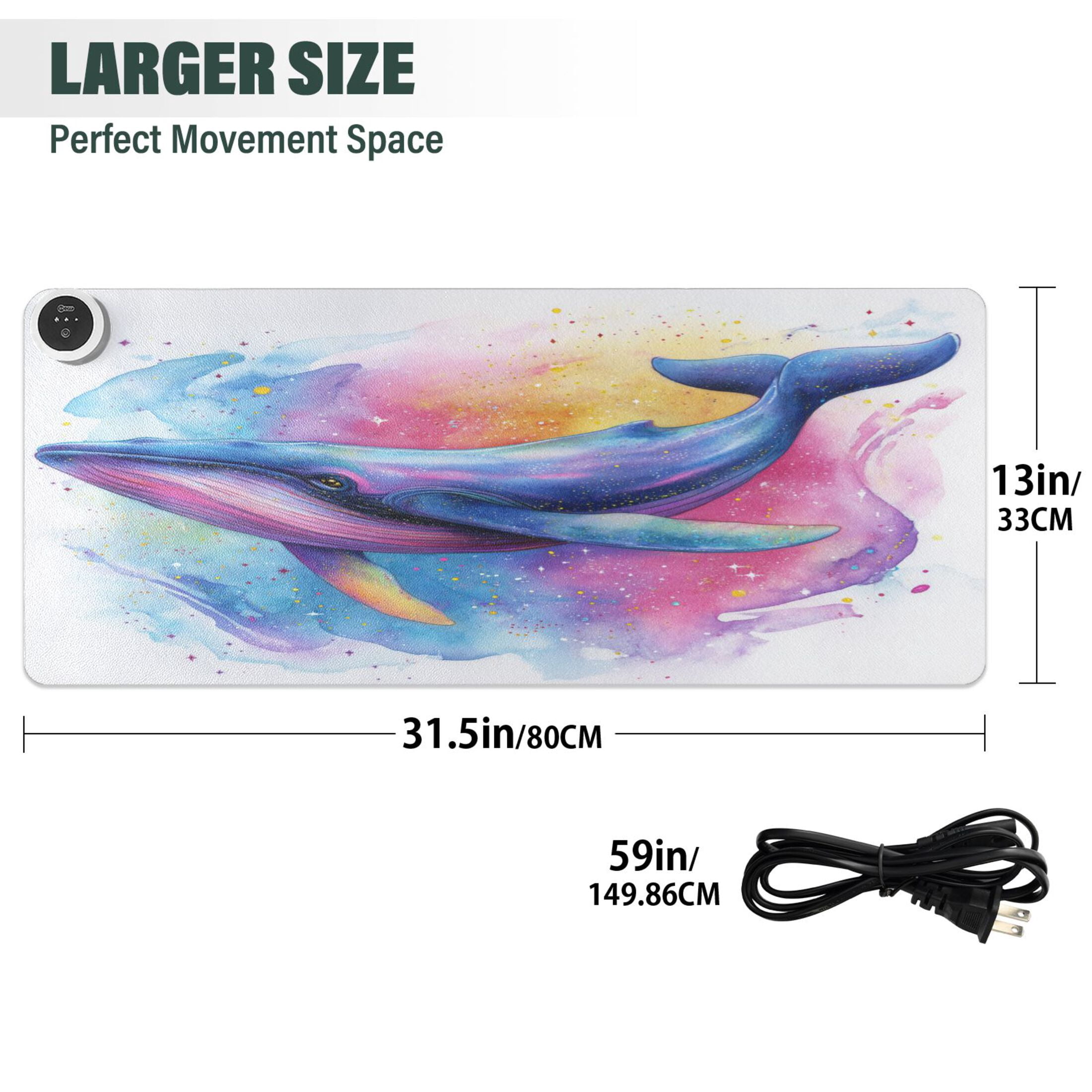 Large Heated Desk Mat Mouse Pad 31.5"x13"PU Leather Graphene Heating Desk Warmer with 3 Temperature Settings 110V US Plug Non-Slip Warm Pad for Home, Office, and Gaming Pastel Galaxy Whale Pattern