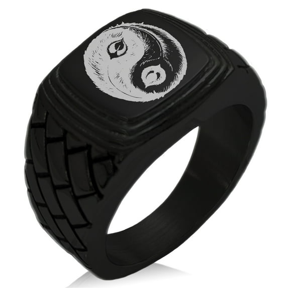 Stainless Steel Peacock Feather Yin Yang Geometric Pattern Step-Down Biker Style Polished Ring
