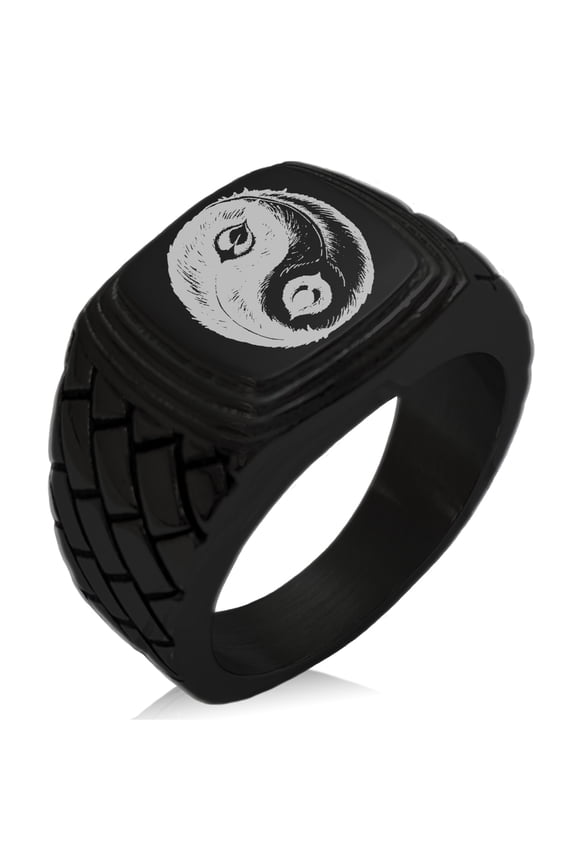 Stainless Steel Peacock Feather Yin Yang Geometric Pattern Step-Down Biker Style Polished Ring
