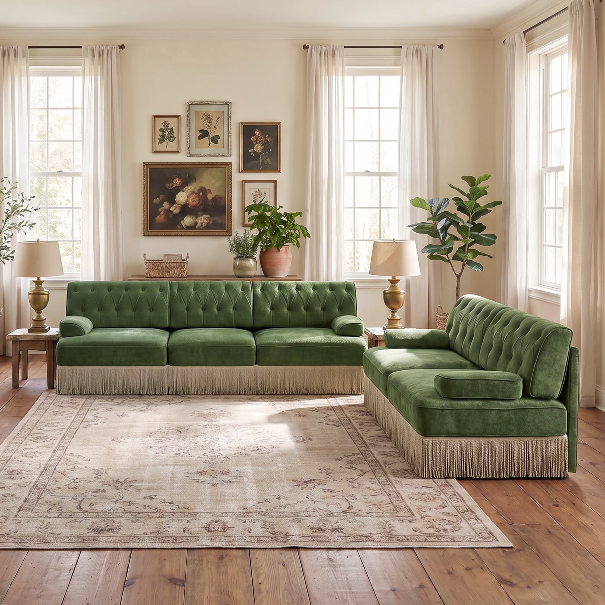 2‑Piece Sectional Sofa Set, 1 Pcs Loveseat & 1 Pcs 106" 3‑Seater Sofa Couch Set with Tassel Skirt