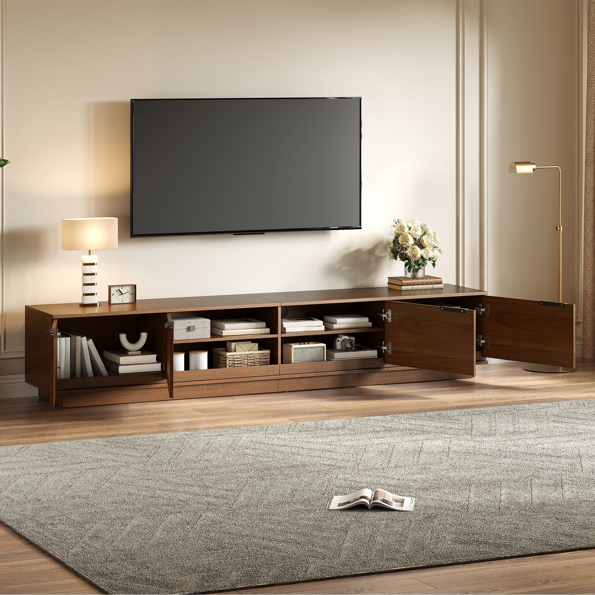 TV Stand for TVs up to 85 Inch, Entertainment Center with Fluted Doors & Cable Management, Media Console with Soft-Close Hinges for Living Room