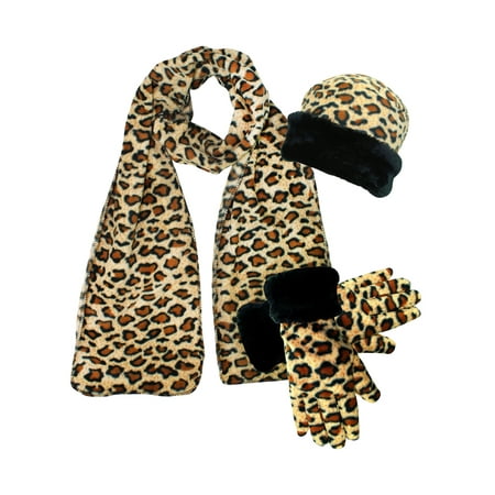 Fleece Braid Hat - Leopard Print Fleece 3-Piece Hat Scarf & Gloves Matching Winter Set