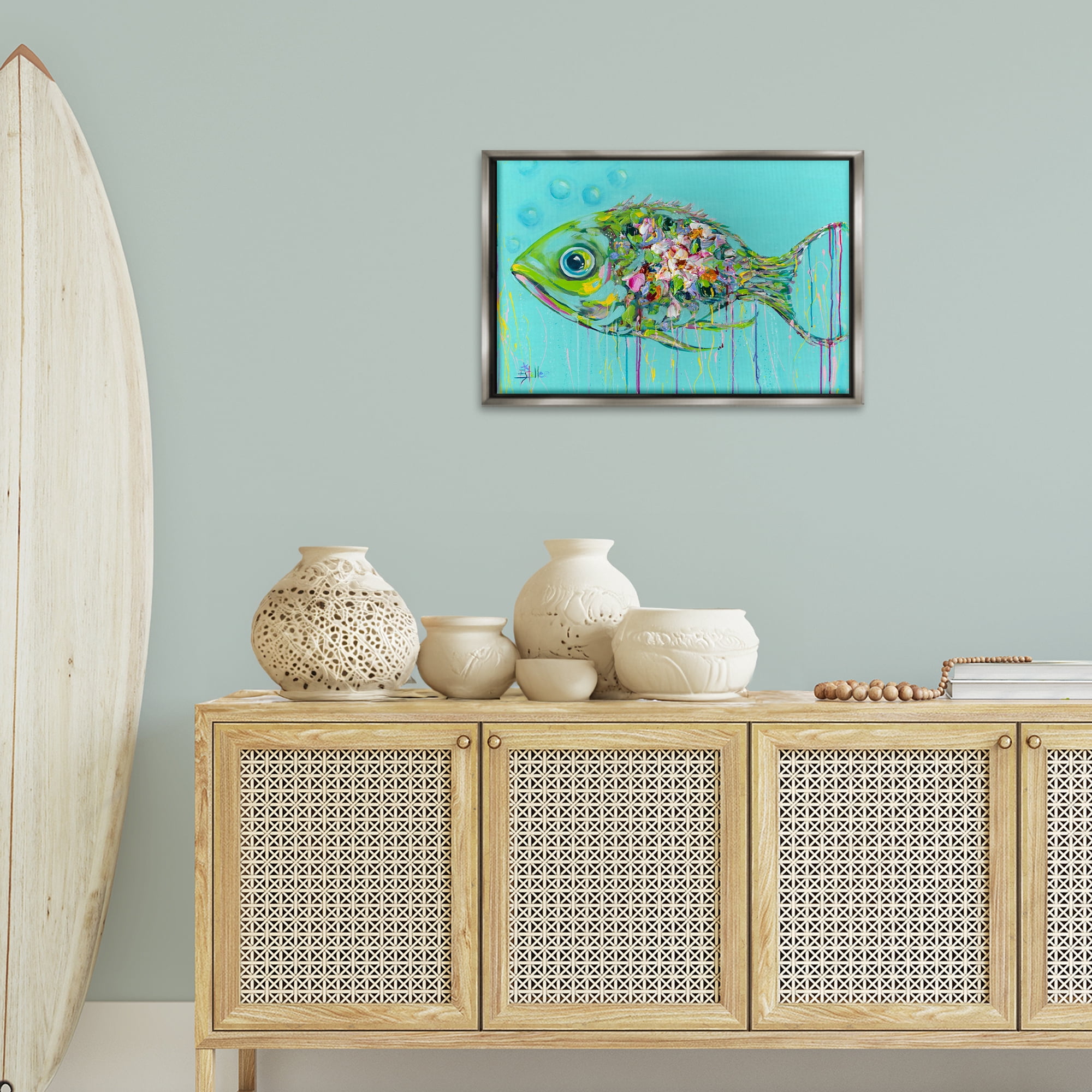 Stupell Industries Painterly Drip Fish Nautical & Beach Painting Gray Floater Framed Canvas Art Print Wall Art, 25 x 17