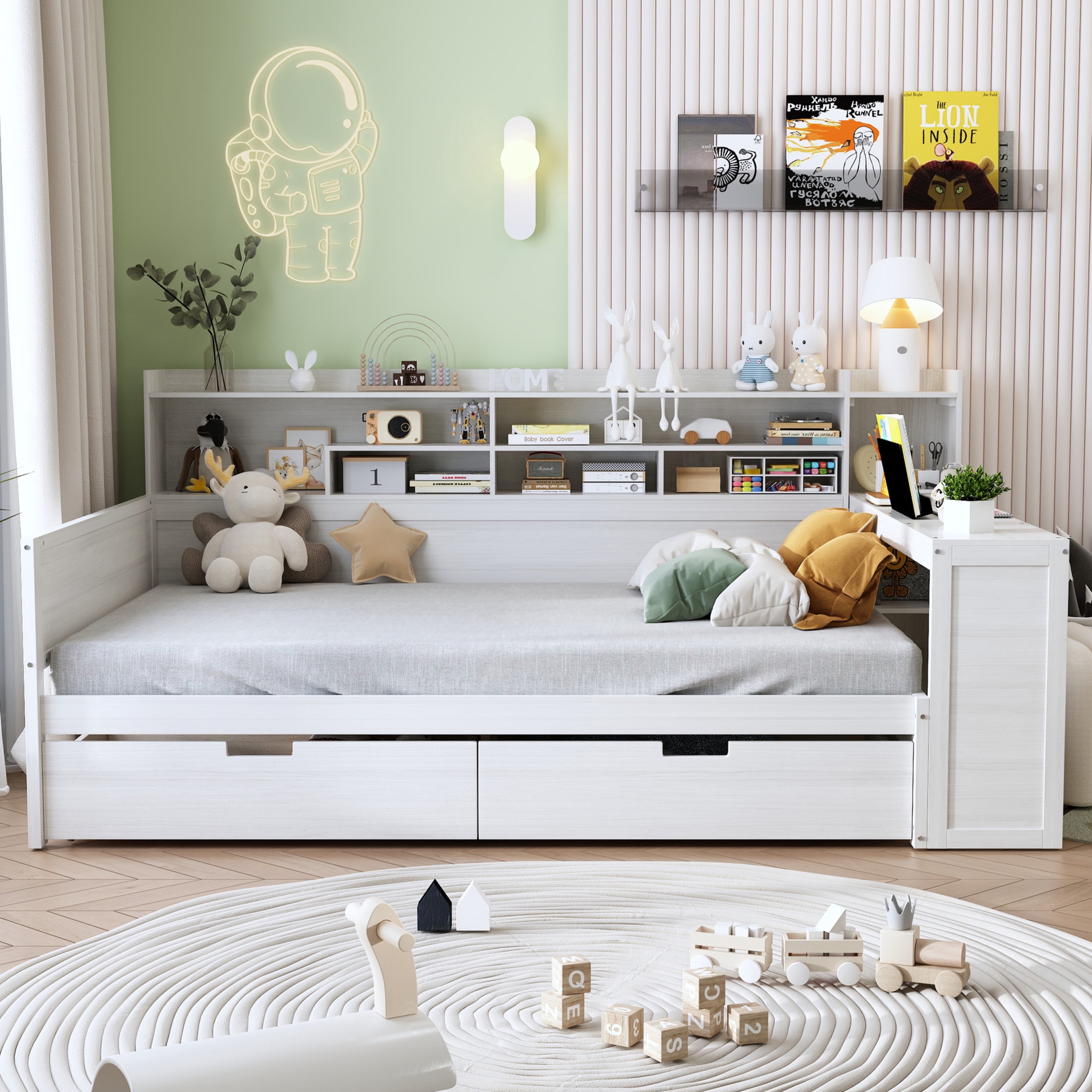 Noble House Full Size Daybed with Storage Shelves, 2 Drawers and Study Desk, Antique White