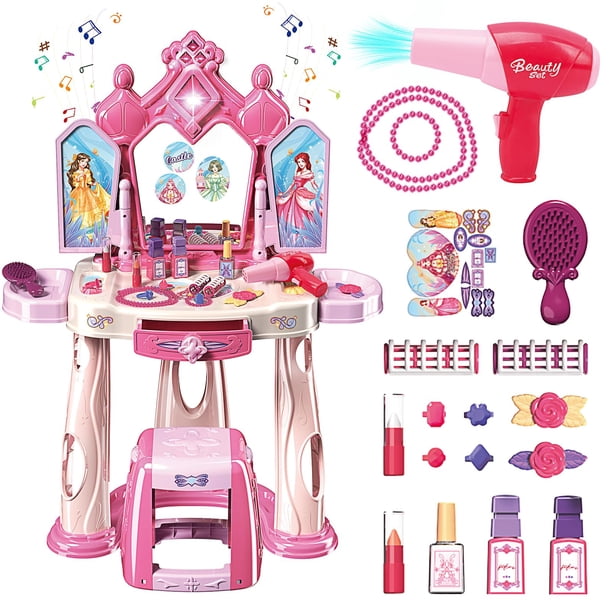 Juego de mesa de maquillaje Pretend Play con taburete para niñas de 2 a 5 años
