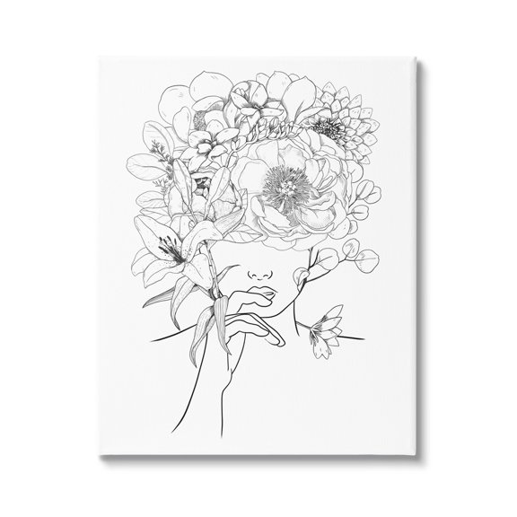 Line Drawing Botanical Floral Bouquet Over Person Face Botanical & Floral Graphic Art Gallery-Wrapped Canvas Print Wall Art