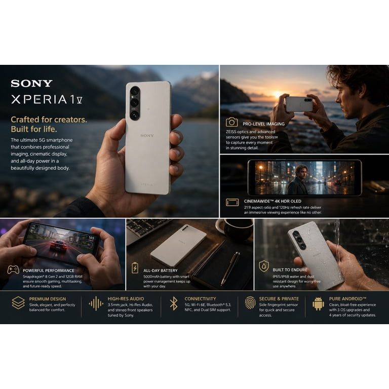 Sony Xperia 1 V 5G Cell Phone, Dual SIM, 512GB ROM, 12GB RAM