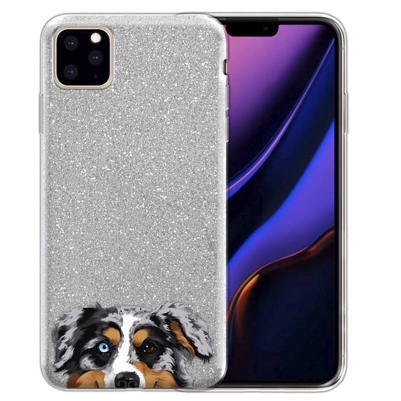 FINCIBO Silver Gradient Glitter Case Sparkle Bling TPU Cover for Apple iPhone 11 Pro 5.8" 2019, Merle Aussie Australian Shepherd Dog
